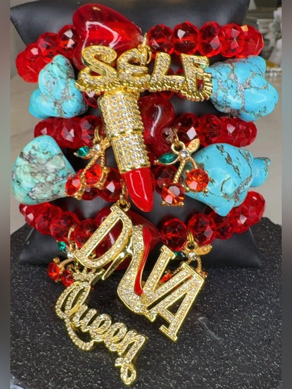 Diva Queen Red & Turquoise Statement Bracelet Stack - Women Jewelry